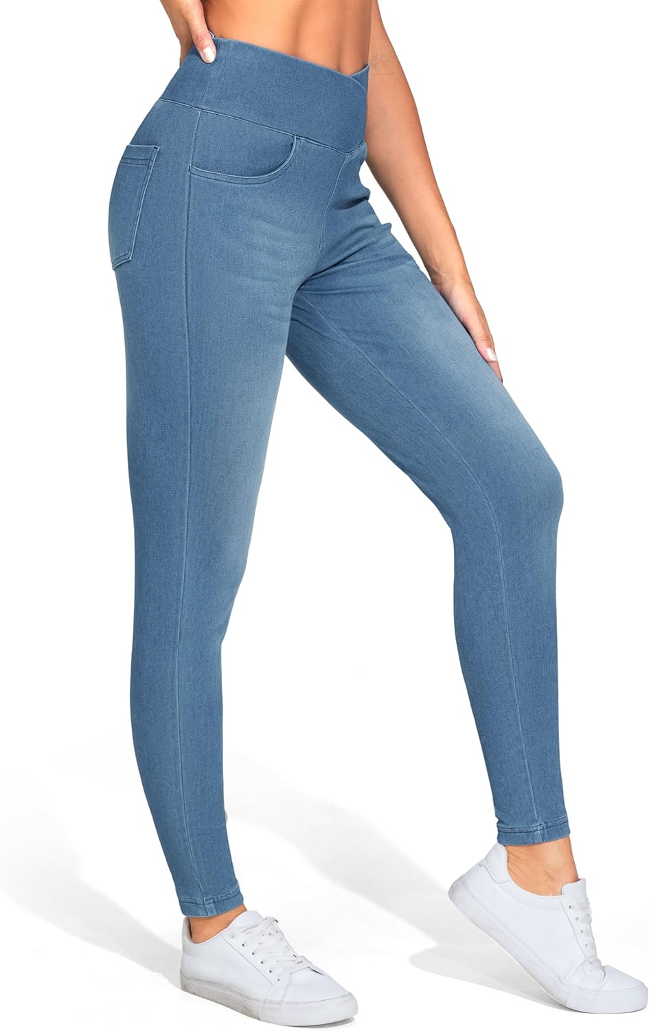 THE GYM PEOPLE Women's V Cross Denim Jegging Pants High Waisted Stretchy Skinny Jean Leggings with Pockets - Image 7