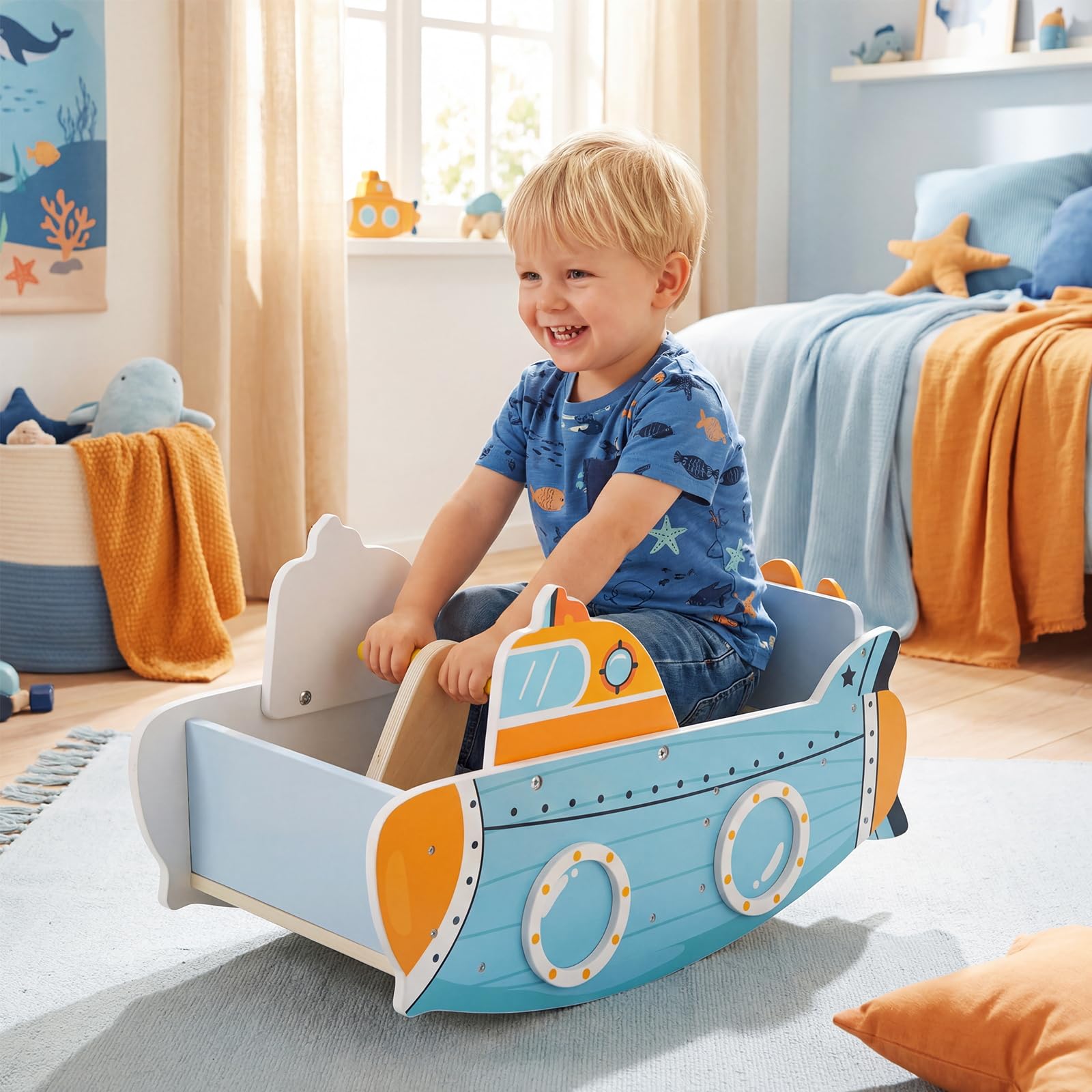 COSTWAY Schaukelboot Kinder ab 1 Jahr, Schaukelpferd Holz mit nautischem Design, drehbarem Propeller, Birkenholz-Griffe & breiter Sitz, Baby Schaukelspielzeug, Schaukelwippe, belastbar bis zu 20 kg