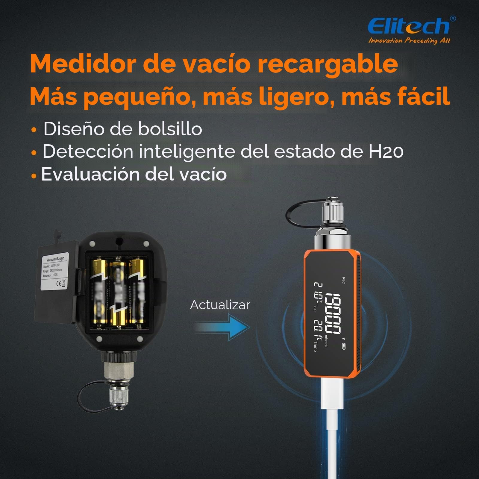 Elitech VGW-Mini Vacuómetro Digital Inalámbrico con Adaptador Medidor de Presión Recargable AVAC 0-19000 Micras, Alarmas vía APP, Registro Offline, Compensación de Temperatura, 1/4 SAE