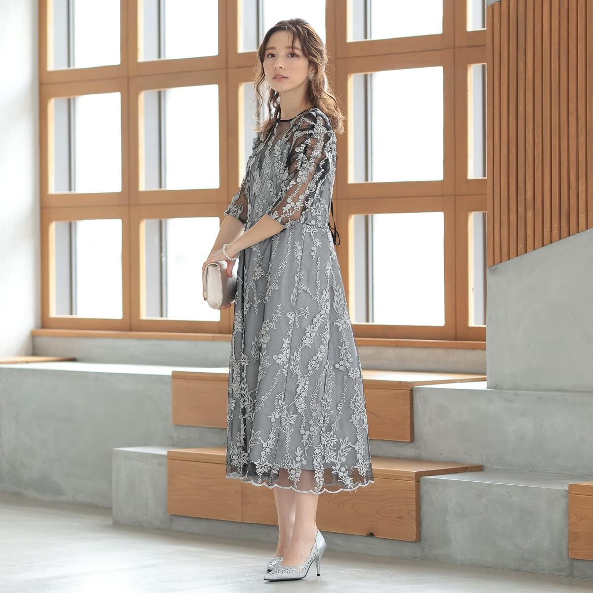 [NEVEREND] 刺繍 ドレス 結婚式 お呼ばれ 袖あり 七分丈 ロング丈 パーティードレス ワンピース フォーマル 総レース