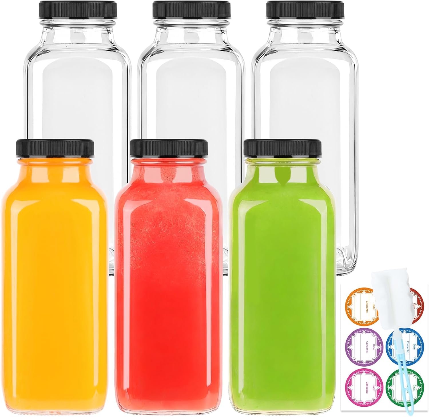 GUANENA 6 Pack Glass Drink Bottles, 12 OZ Vintage Square Water Bottles with Lids, Juice Bottles Beverages Containers for Milk, Kombucha, Smoothies