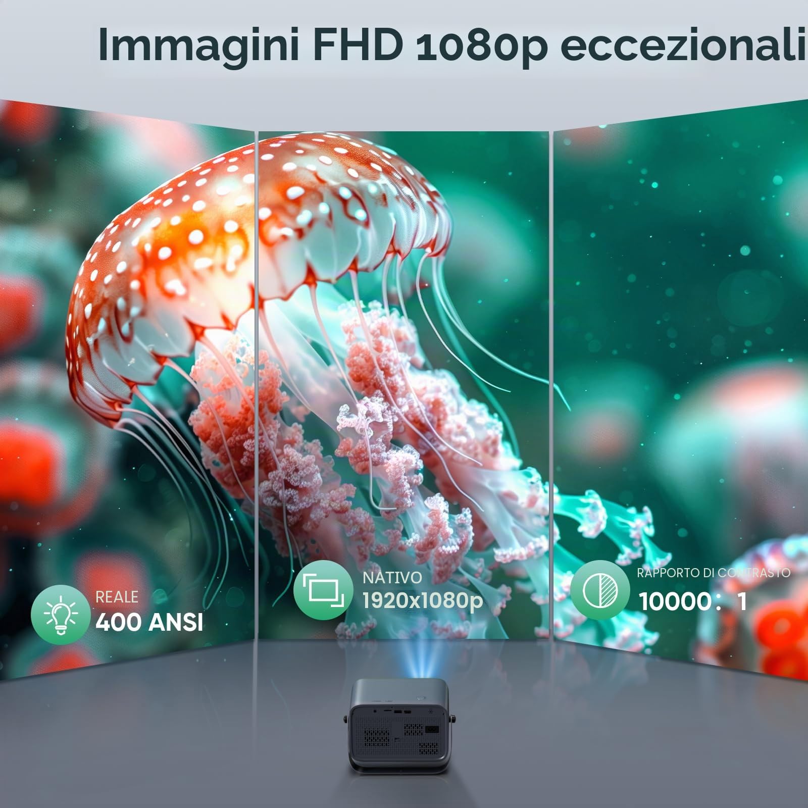 【Proiettore autofocus con supporto girevole a 360°】Mini proiettore 4K supportato, 20000L Native 1080P WiFi6 Bluetooth, 50% zoom videoproiettore home cinema 300'' compatibile con TV Stick/smartphone