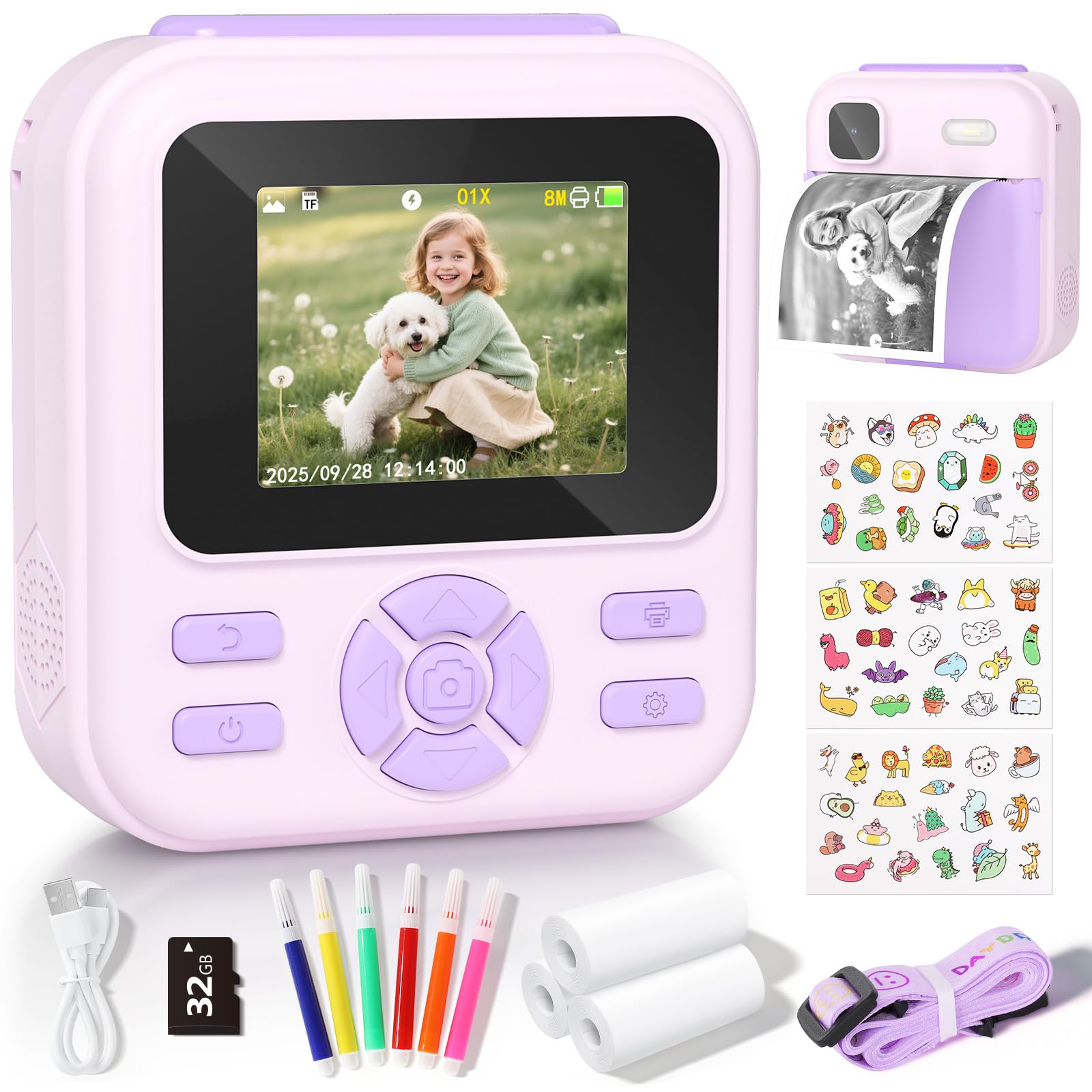 YOHOOLYO Aparat do natychmiastowego druku dla dzieci, cyfrowy aparat natychmiastowy 2,4 cala dla dzieci z kartą 32 GB i 3 rolkami papieru, cyfrowe zabawki wideo 1080P HD, prezenty urodzinowe dla