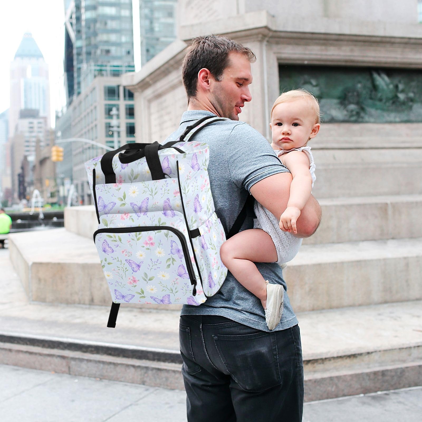 Mnsruu Flwoer Butterfily Borsa per pannolini per bambini, zaino grande, impermeabile, da viaggio, per mamme e papà