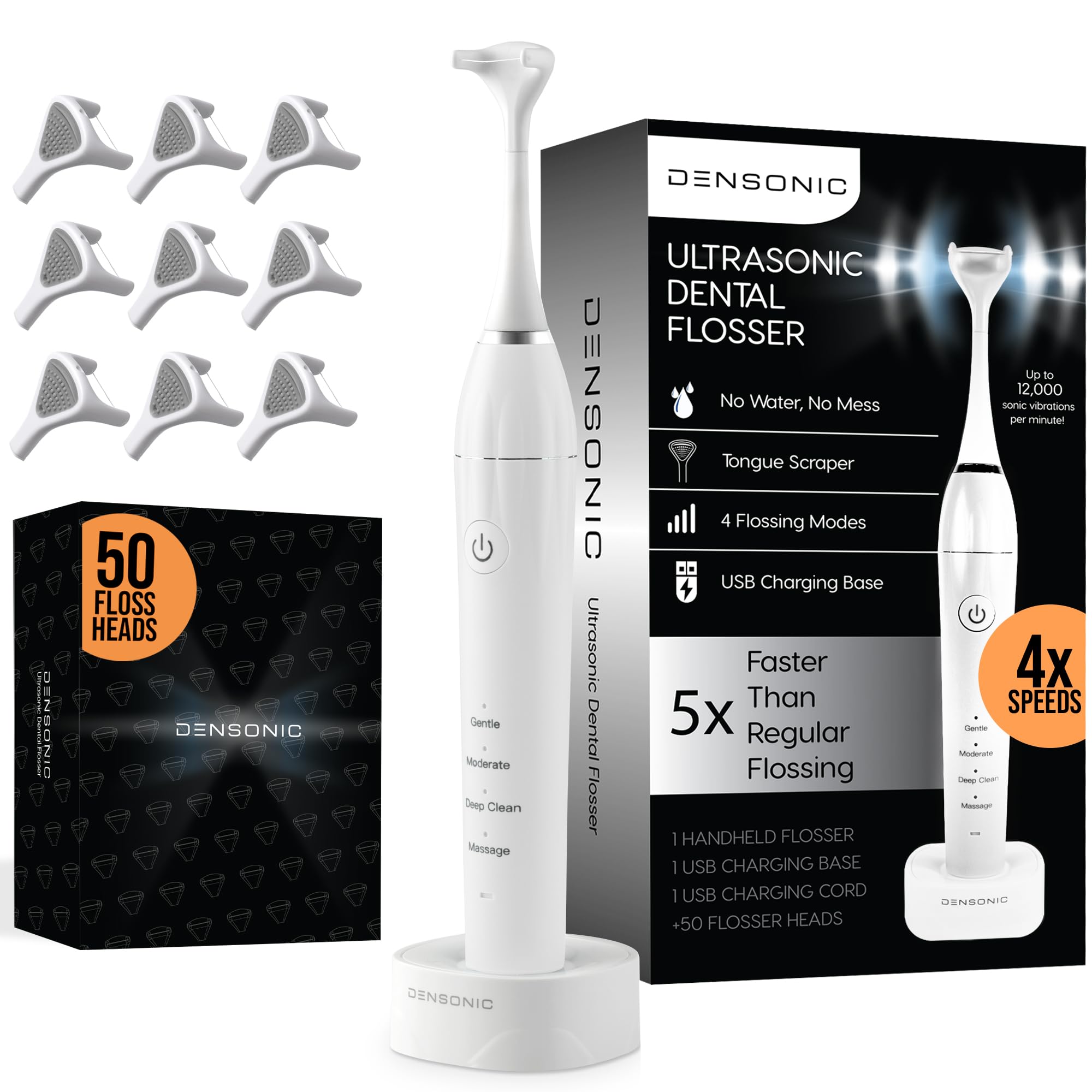Electric Flosser Kit with Tongue Scraper | No Water, No Mess | Easy Gliding Dental Floss for Gentle Gum Care | Cordless Sonic Power | 50 Replaceable Heads [Glacier White]-image-1