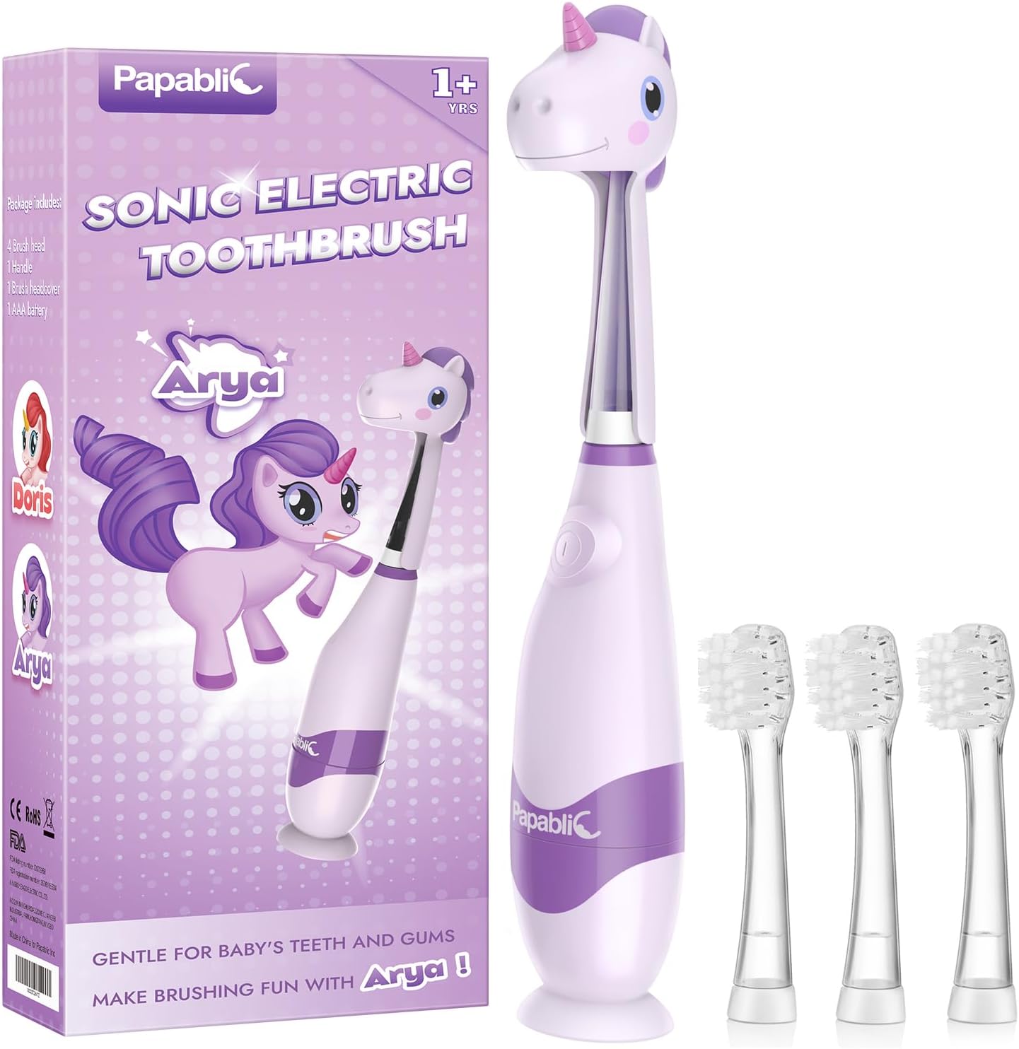 Papablic Toddler Sonic Electric Toothbrush Kids for Ages 1-3 Years, Baby Electric Toothbrush with Cute Unicorn Cover and Smart LED Timer, 4 Brush Heads (Arya)