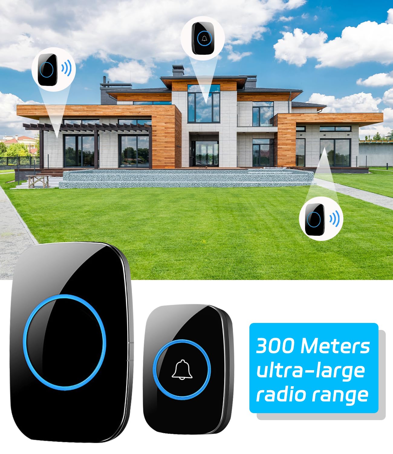 Timbre Inalámbrico Exterior Impermeable,Ip55 Kit De Timbre Inalambrico Doorbell Con 60 Melodías, Led Azul Para El Emergencias Hogar Oficina Hotel,300 metros Timbre Negro Timbre Casa Interior