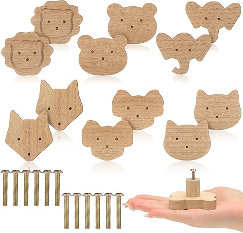 Miniatura 8 de Qunclay Pomos decorativos de madera para gabinetes de madera con tornillos, tiradores de tocador, pomos de madera de animales marinos del bosque,