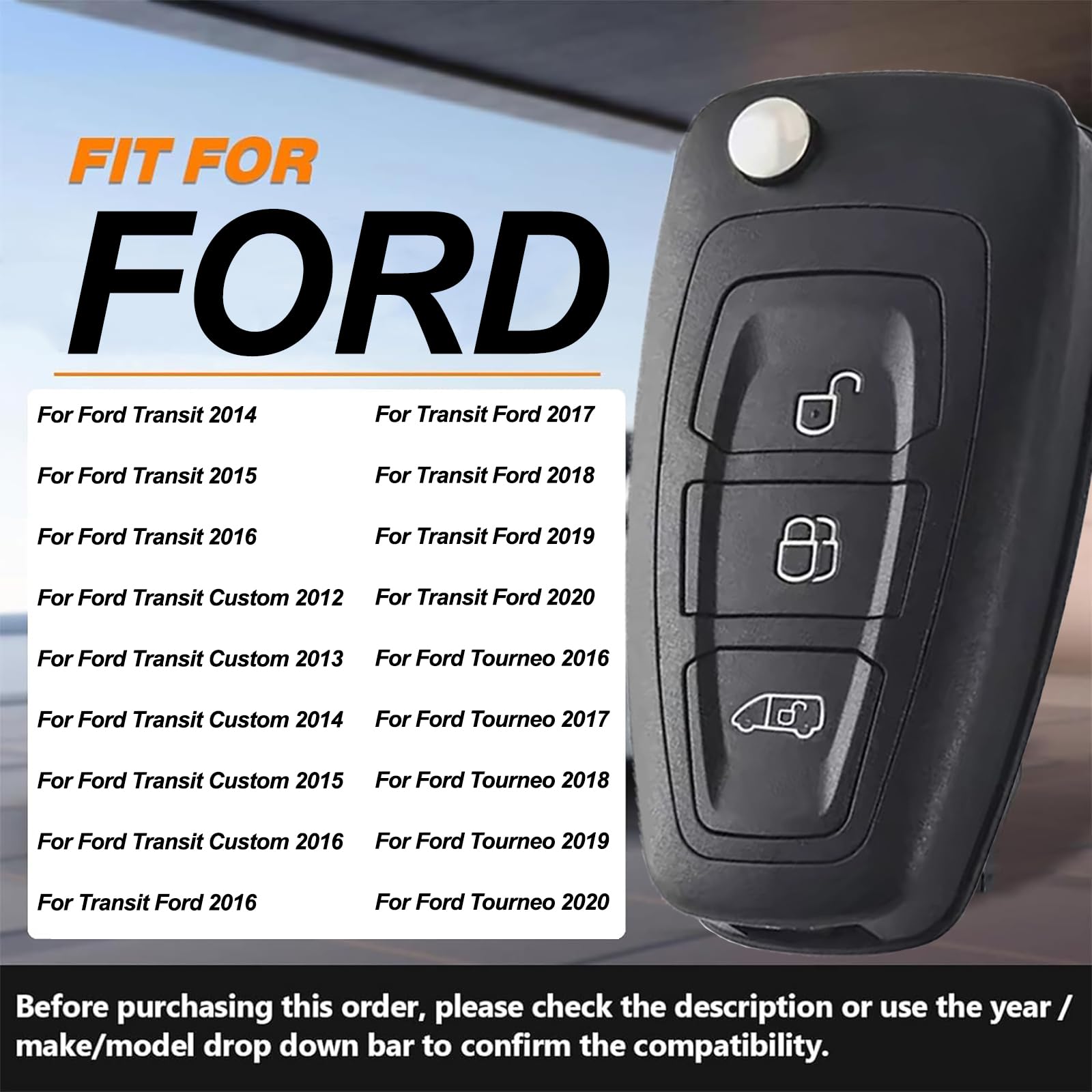 Ford - Llavero remoto plegable de 3 botones con hoja HU101 | Compatible con Ford Tourneo/Transit Custom/Connect Transit MK8 VAN, carcasa de llave inteligente