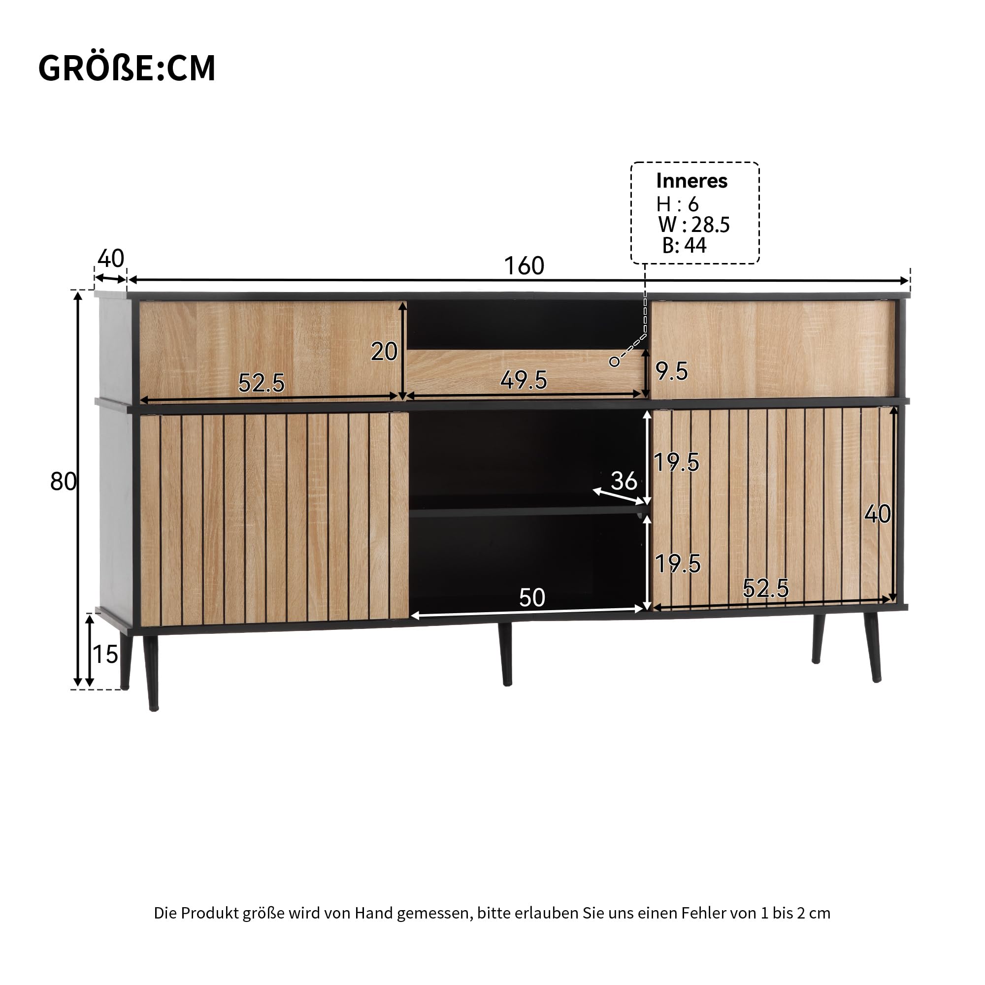 Zepneiy Cassettiera 160 x 40 x 80 cm con 4 ante scorrevoli e 1 cassetto, rovere+nero