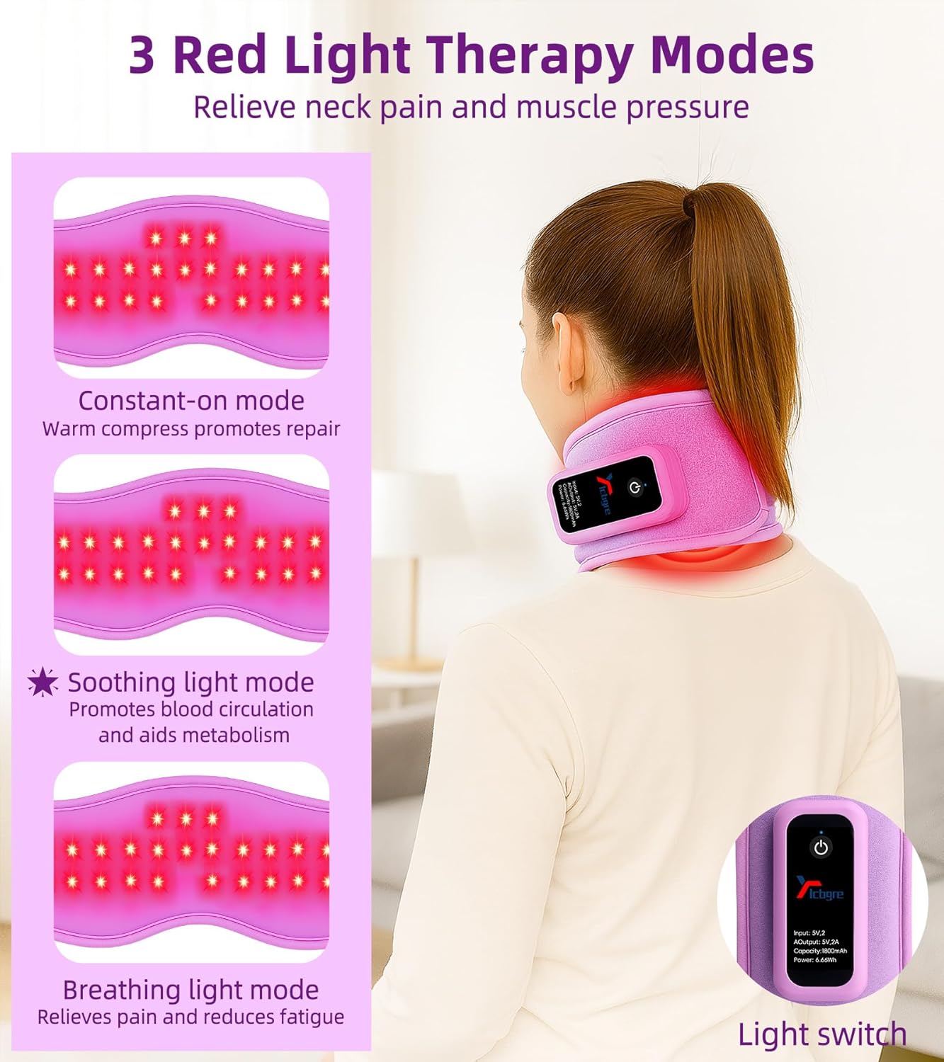 Red Light Therapy Neck Brace, Red Light Therapy Device for Neck Pain Relief, 660nm Red Light & 850nm Near Infrared Light Therapy for Pain Relief, Travel, Sleep, Office Use for Women & Men (Purple) - Image 6