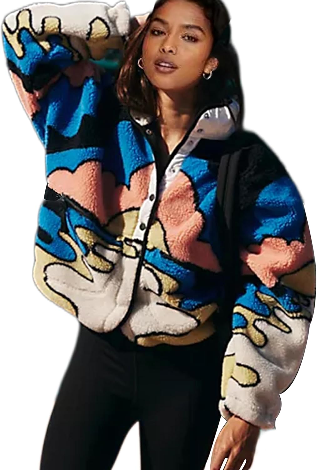 Printed Sherpa Jacket for Women Long Sleeve Button Down Fuzzy Fleece Coat Y2K Outerwear with Pockets