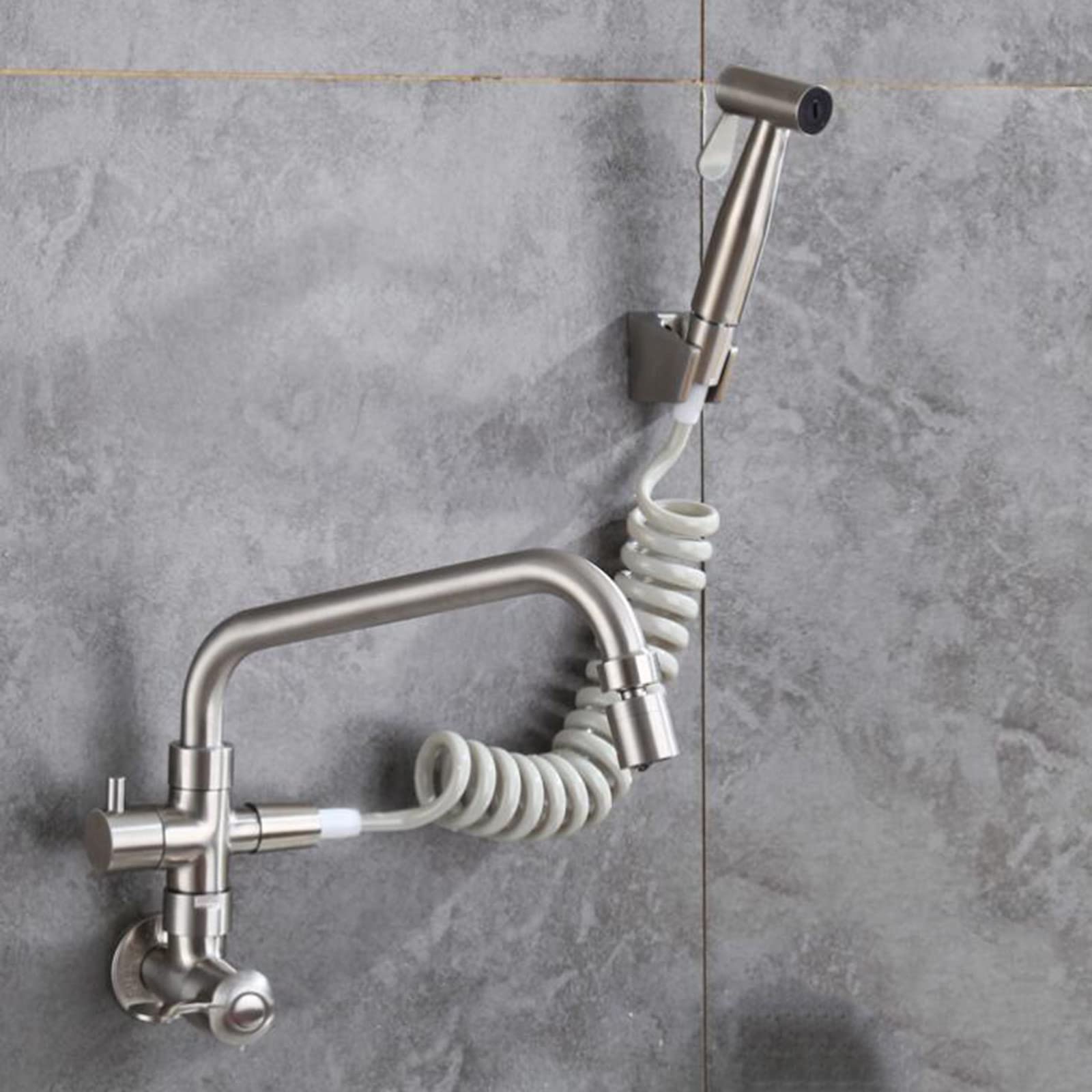 Grifo Cocina Pared Agua Fria Acero Inoxidable Cepillado Grifo Un Orificio Con Pistola Rociadora Grifo de Fregadero de Cocina-B