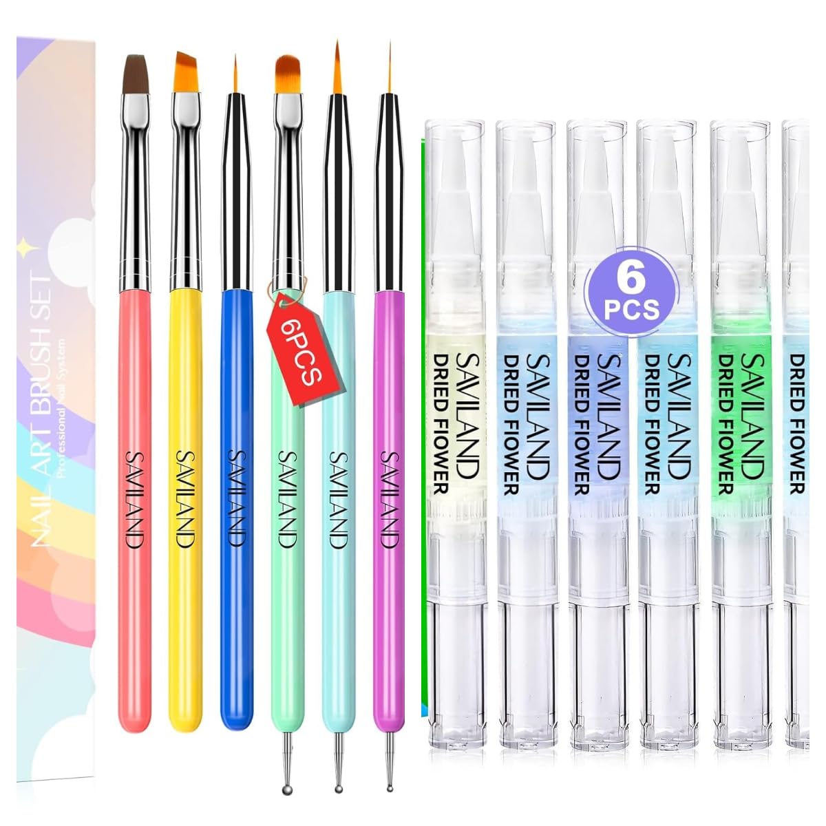 SAVILAND 6PCS Nail Art Brushes Set and 6PCS Soothing Cuticle Oil Pen