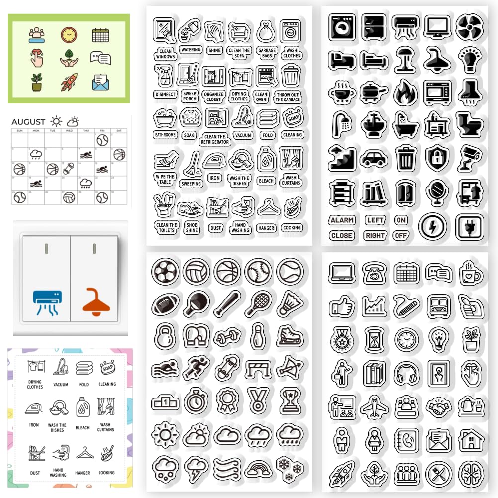 CONCHLERY 4 Sheets 4 Styles Everyday Icons Pattern Clear Stamps Work Icons Silicone Stamp Seal Transparent Stamps for DIY Scrapbooking and Card Making Paper Craft Decor, 6.3x4.3 Inch