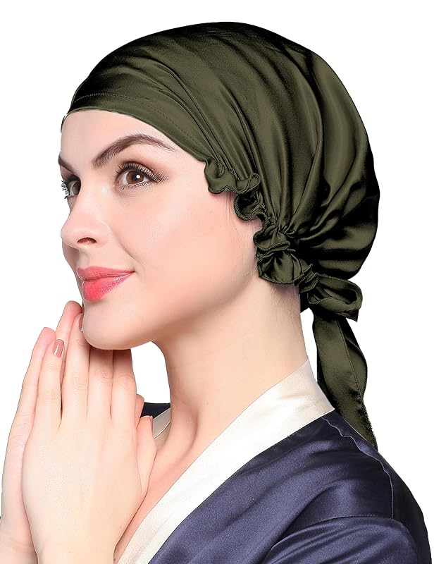 Touca de dormir LilySilk em seda de amoreira 19 momme ajustável verde-oliva