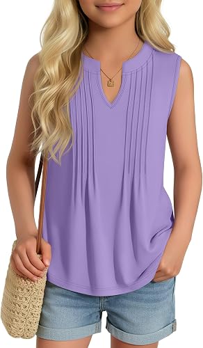 Ficerd Girl's Tank Tops V Neck Sleeveless Summer Shirts Kids Pleated Loose Blous