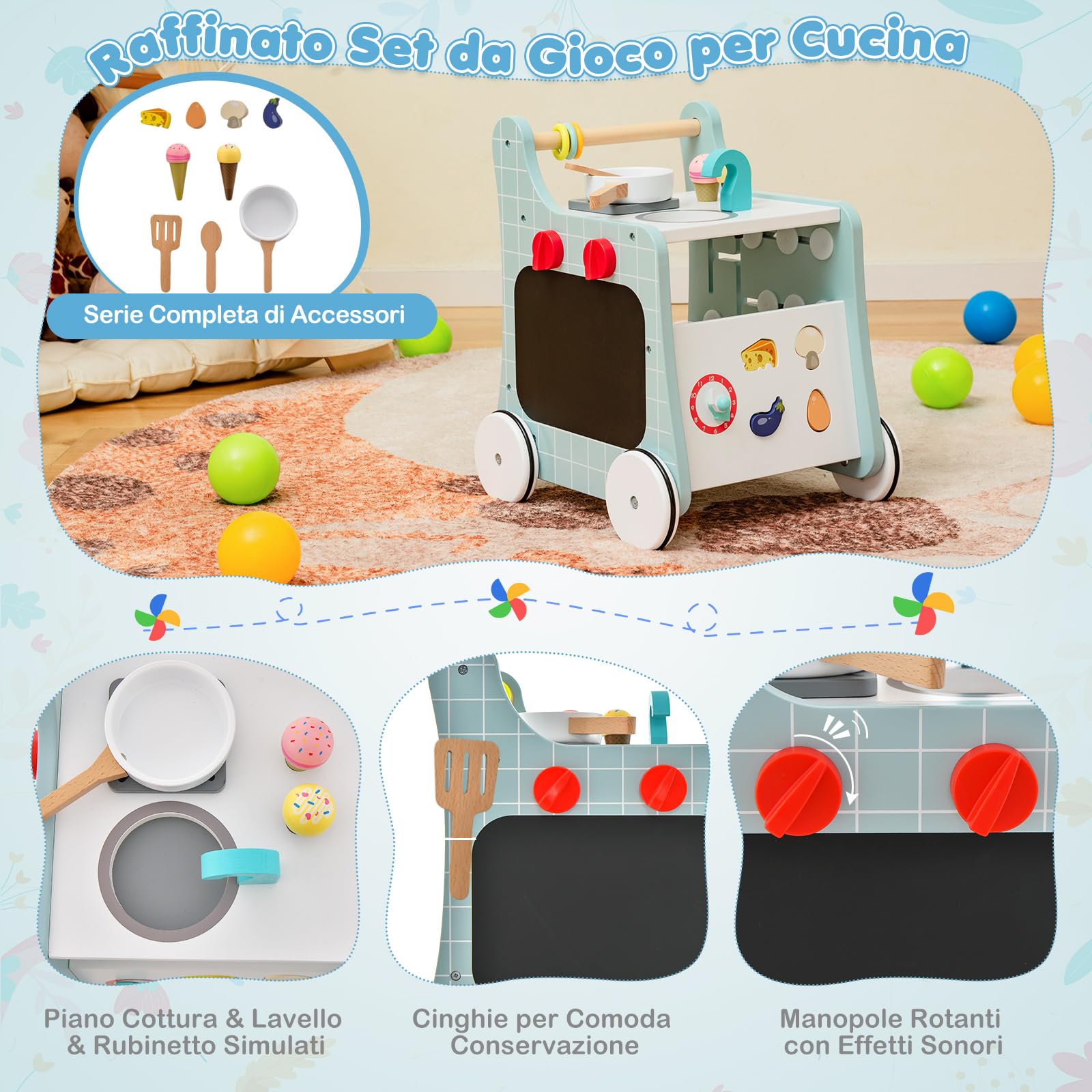 RELAX4LIFE Andador de Madera para Bebés con Accesorios y Ruedas, Carrito de Helados de Juguete Multifuncional, Juguete Montessori, Centro de Actividades para Niños 1+ Año (Azul)
