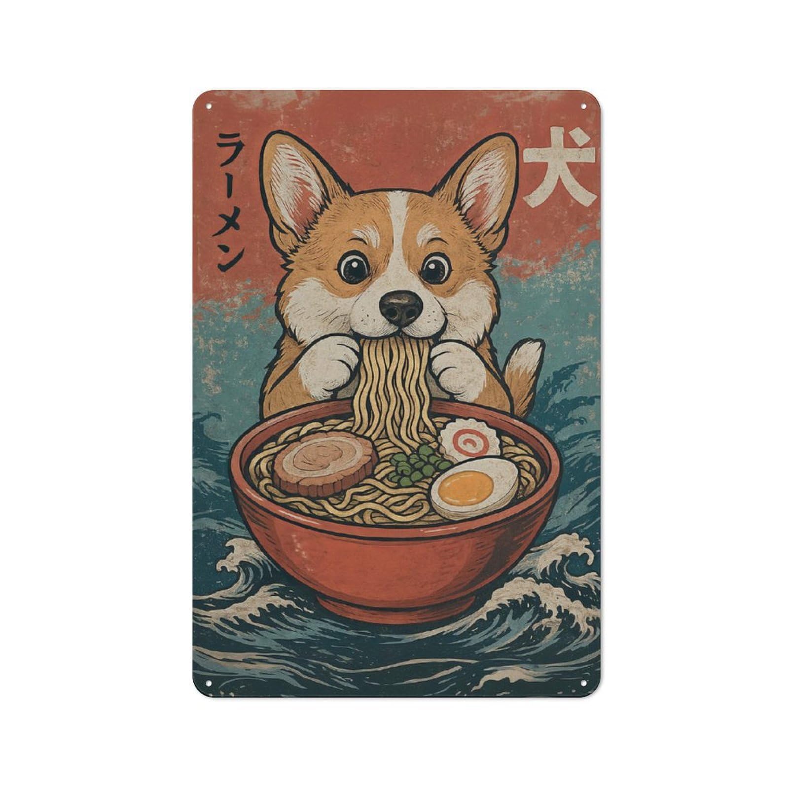 Junmoney Style For Home Office Or Studio, Corgi Ramen Vintage Metal Sign 30X20cm, New-Space Wall Decor For Home Office Decor Fans