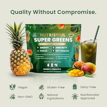 Super Greens Powder | 30 Sachets | Enhanced with 91 Nutrients | Vitamins A, B12, C, KSM-66 Ashwagandha & Lions Mane | Vegan, Gluten Free Detox Supplement | Mango & Pineapple | Natural Ingredients
