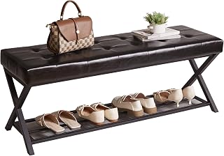 Aibiju Entryway Shoe Bench and Storage Stool with a Cushioned Seat and Mesh Shelf, Made of PU Leather, Suitable for Hallways, Living Rooms, Bedrooms, and Bedside Areas, Black YD-JD160B