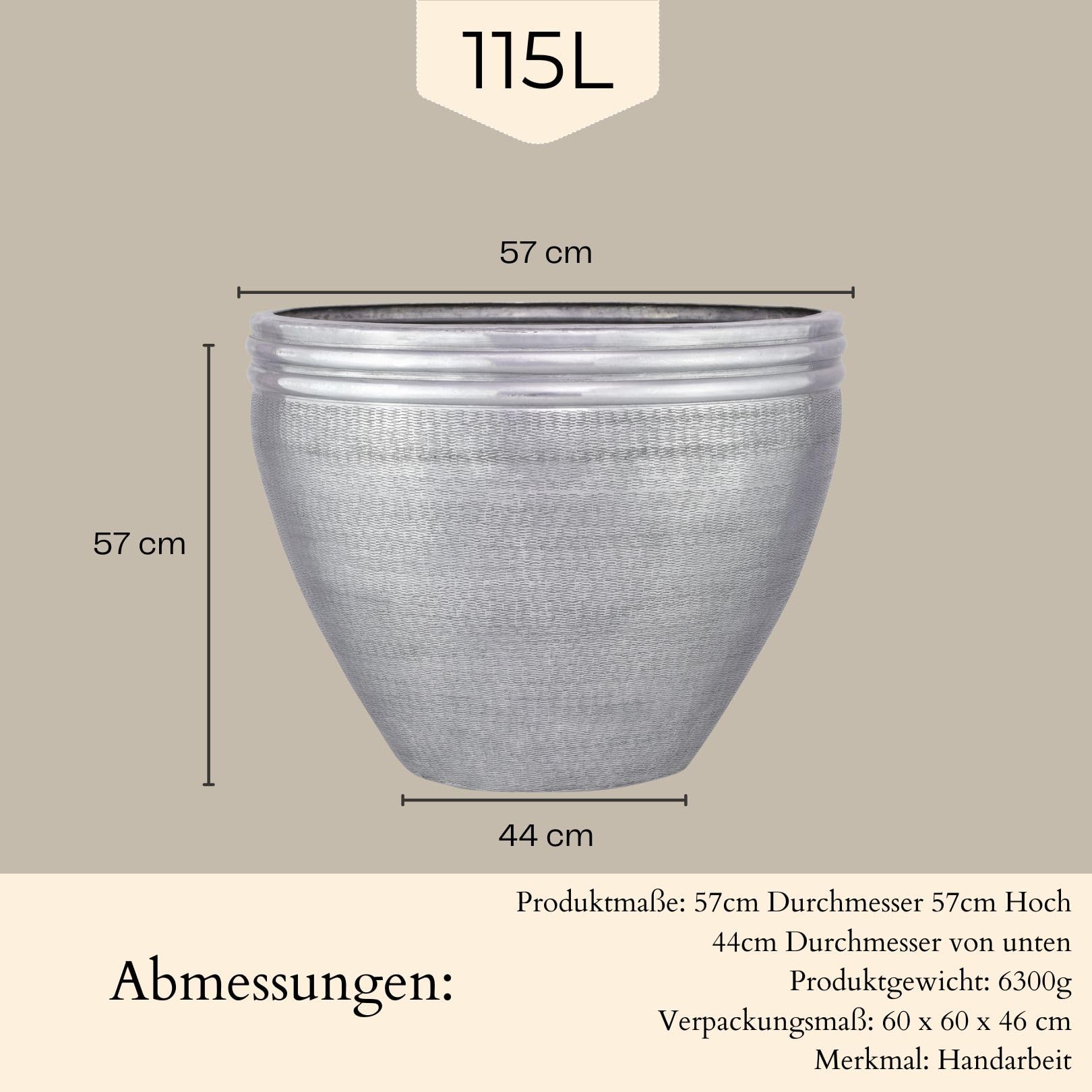 Marrakesch XXL Aluminiowa donica na kwiaty, Ø 57 cm, srebrna matowa, 115 l, duża, okrągła, do użytku na zewnątrz, do wnętrz, do ogrodu, na balkon i do salonu