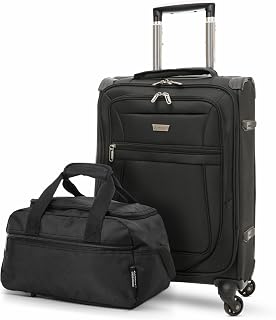 21" Reinforced Super Strong and Lightweight Soft Shell 4 Wheel Cabin Luggage Suitcase + 40x20x25cm Ryanair Maximum Carry On Cabin Luggage Holdall – 2 Piece Luggage Bundle