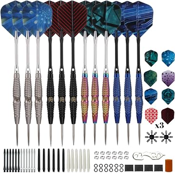 Darts Metal Tip Set - Steel Tip Darts Darts Set Professional Metal Darts 12 pcs 21 Grams Pro Dart Set with Rings Nylon Aluminum Shafts 24 Flights Darts Tool Blue-10464