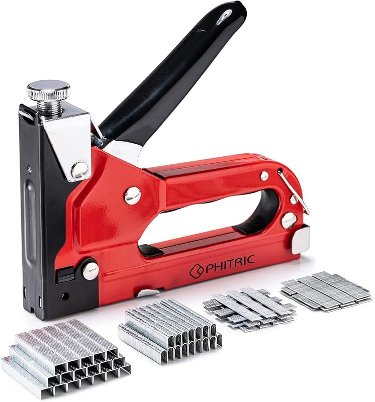 PHITRIC Grapadora de tapicería resistente, pistola grapadora 4 en 1 con 1200 grapas, grapadoras de acabado eléctrico, clavadora manual con ajuste de potencia, pistola grapadora para muebles para madera, carpintería, decoración DIY