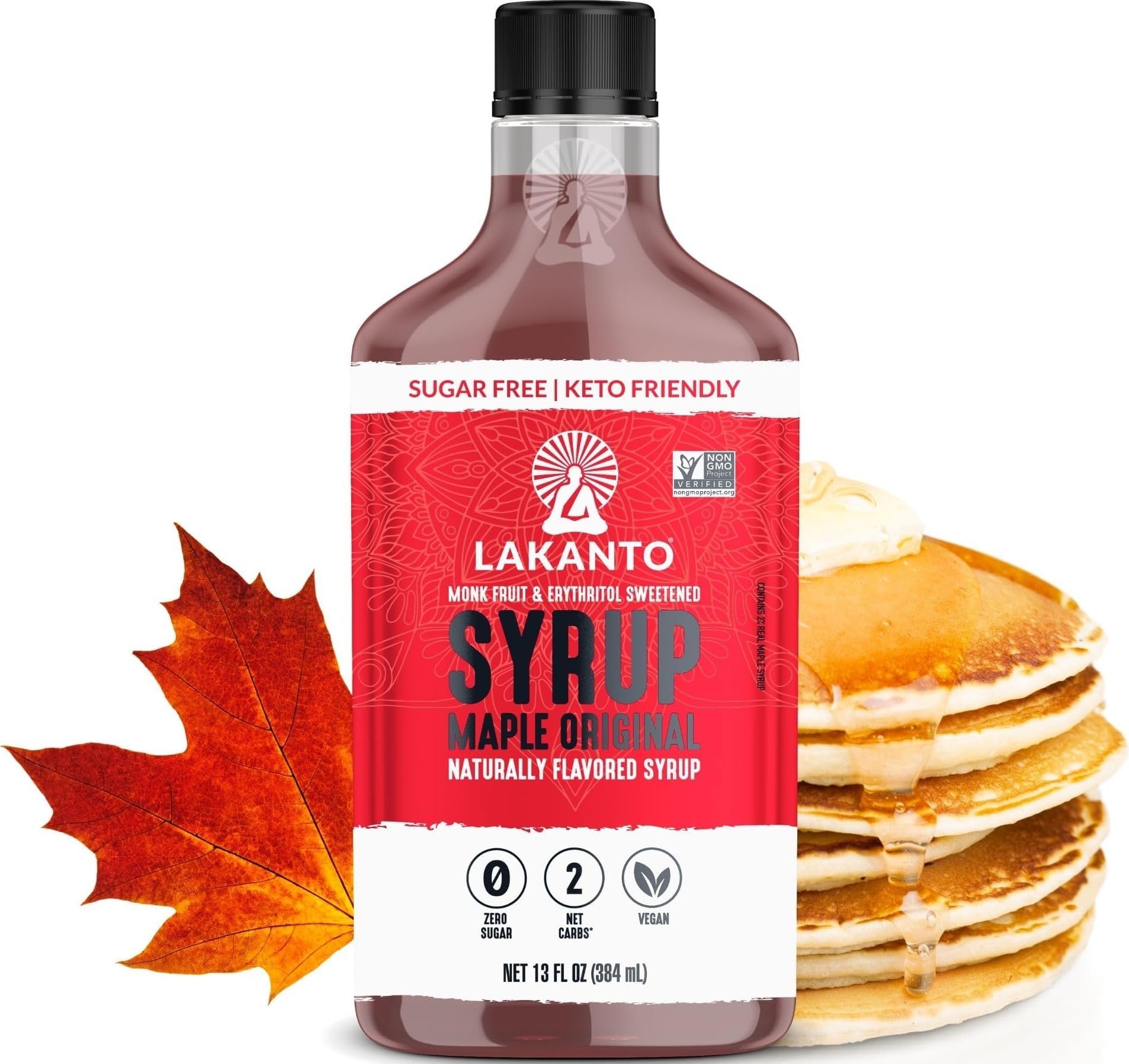 Lakanto Sugar Free Maple Syrup With Monk Fruit & Erythritol For Pancakes, Waffles, Oatmeal, Coffee, Tea, Granola, Frosting & Dressing, Zero Sugar, Keto, Vegan, Gluten Free, 1 G Net Carbs, 13 Fl Oz