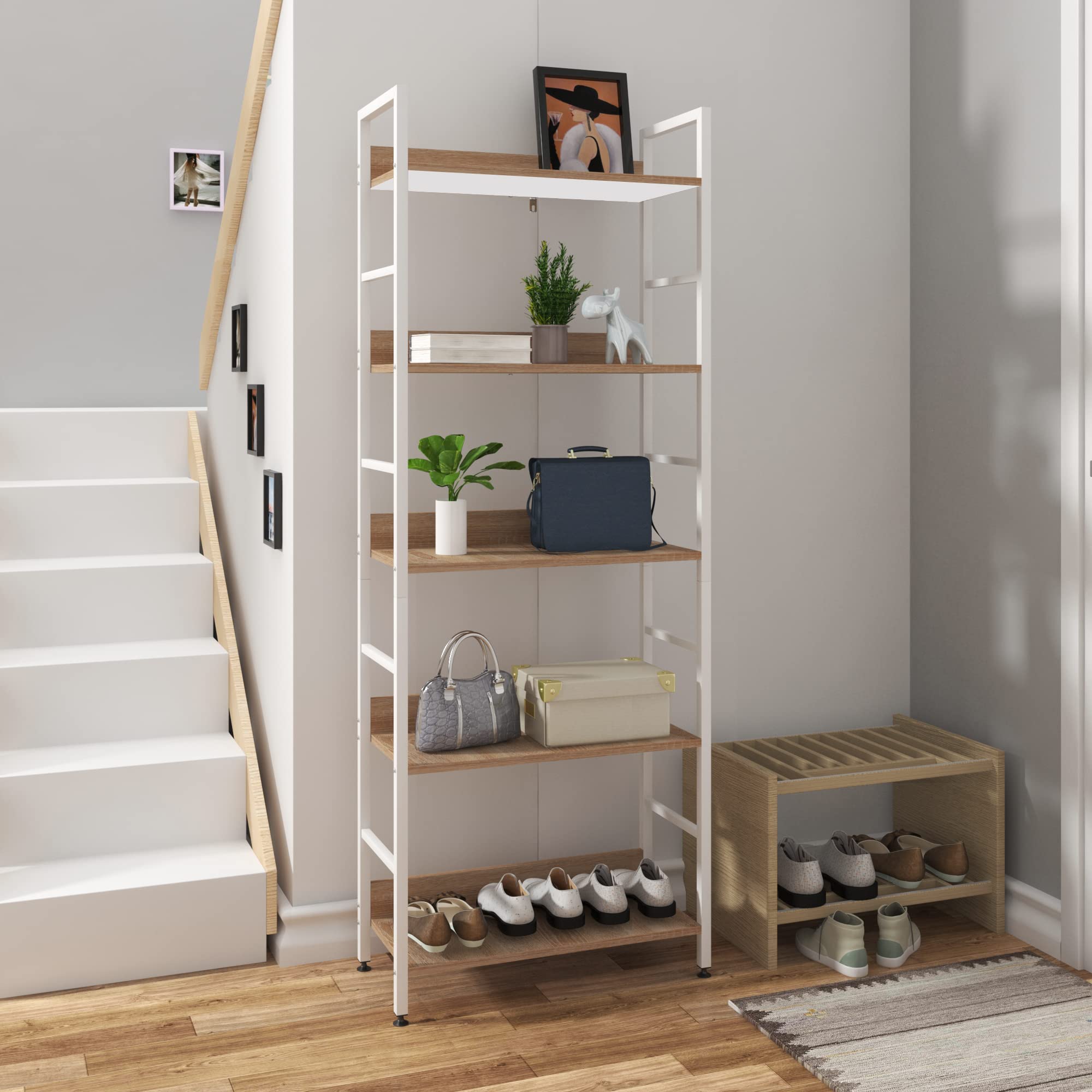 eSituro Estante para Piso de Metal de Cocina | Almacenamiento Organizador Multifuncional para Libros Plantas con 5 Estantes Metal + MDF 60x27,5x160CM SSTR0023