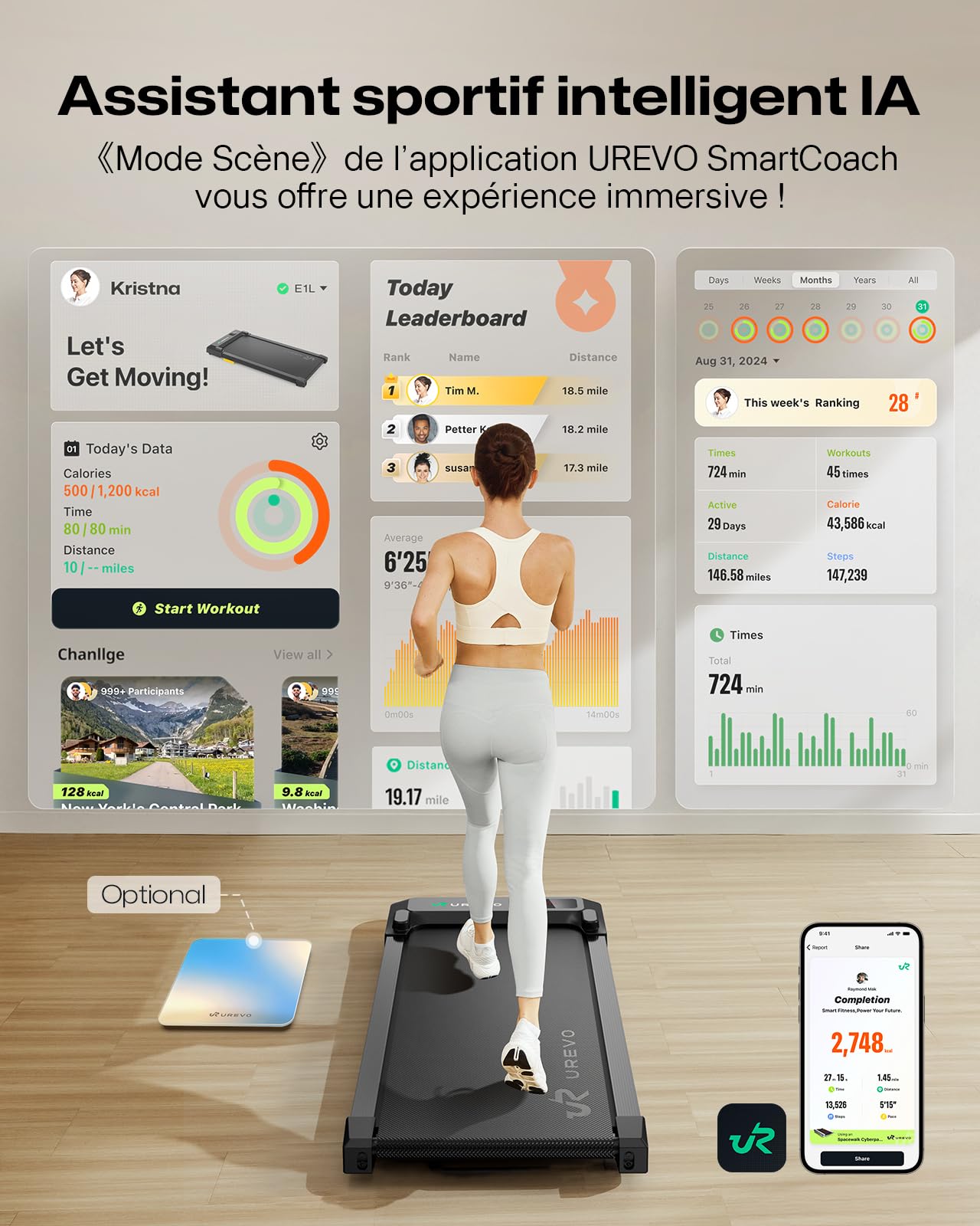 UREVO Tapis de Marche Compact 1-6KM, Tapis de Course Silencieux à Une Touche, Télécommande & Contrôle SmartAPP, Pliable et Léger pour Bureau et Maison, Fitness Quotidien sans Bruit