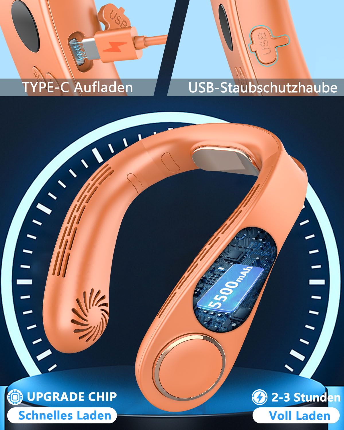 Kouric Hals Ventilator mit Kühlung,5500mAh Tragbarer Ventilator zum Umhängen,Air Conditioner Portable Fan Orange