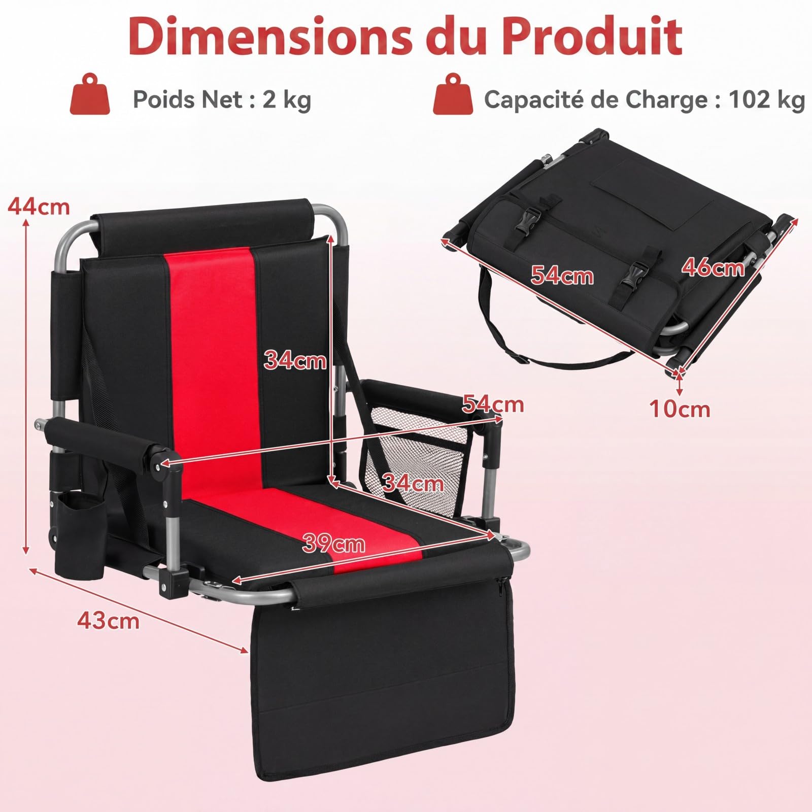 COSTWAY Siège de Stade Pliable, Chaise de Gradin avec Dossier, Porte-gobelet, Poches de Rangement, Coussin de Stade, Crochets, Bandoulière, pour Événements Sportifs Concert, Charge 102 kg (Rouge)
