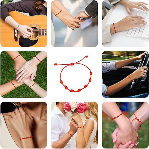 Miniatura 2 de Paquete de 6 pulseras ajustables de protección de cordón rojo, hechas a mano con 7 nudos para la buena suerte y evitar el mal de ojo