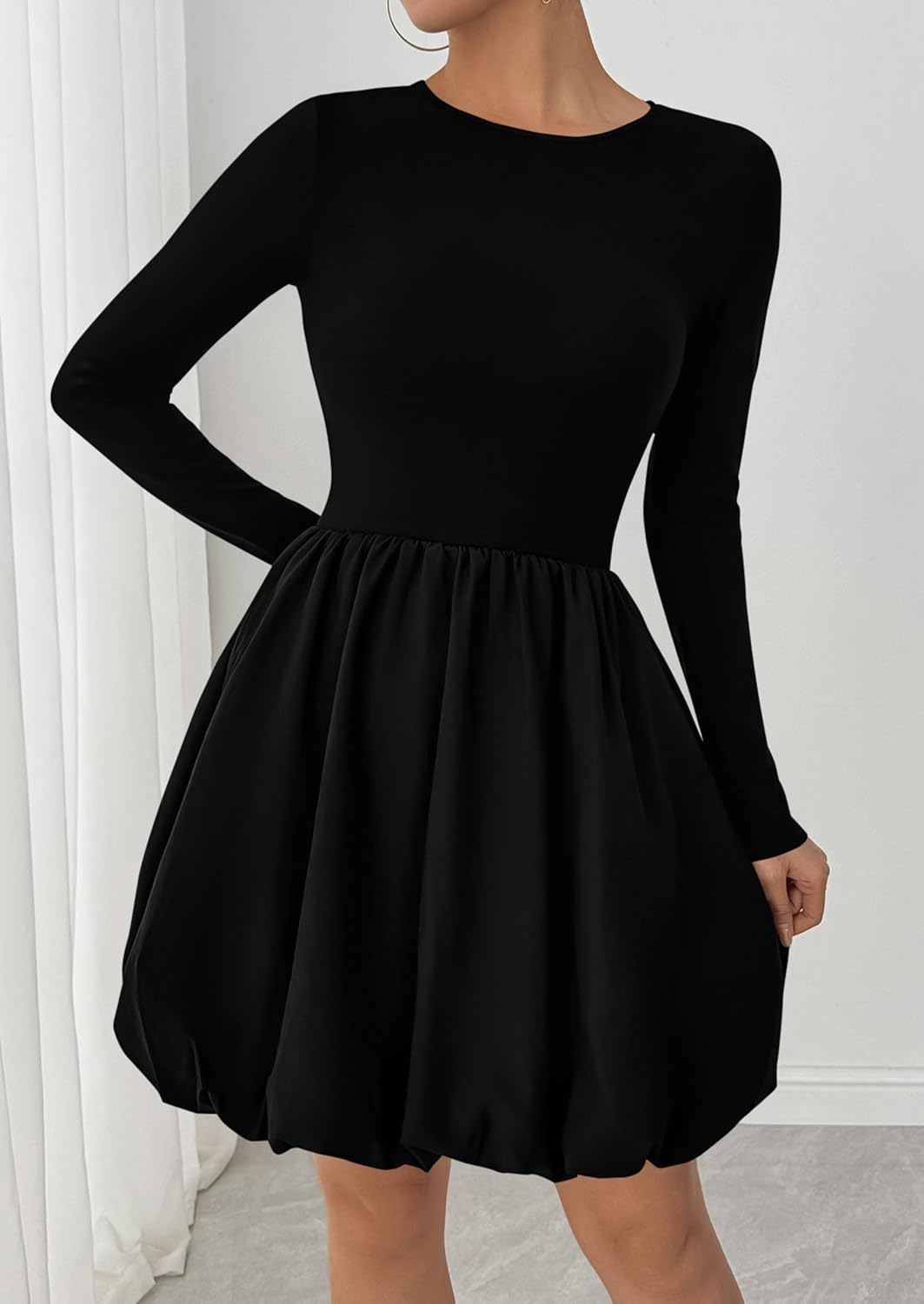 PRETTYGARDEN Fall Dresses for Women 2026 Casual Long Sleeve Bubble Cute Crew Neck A Line Mini Short Dress with Pockets - Image 4