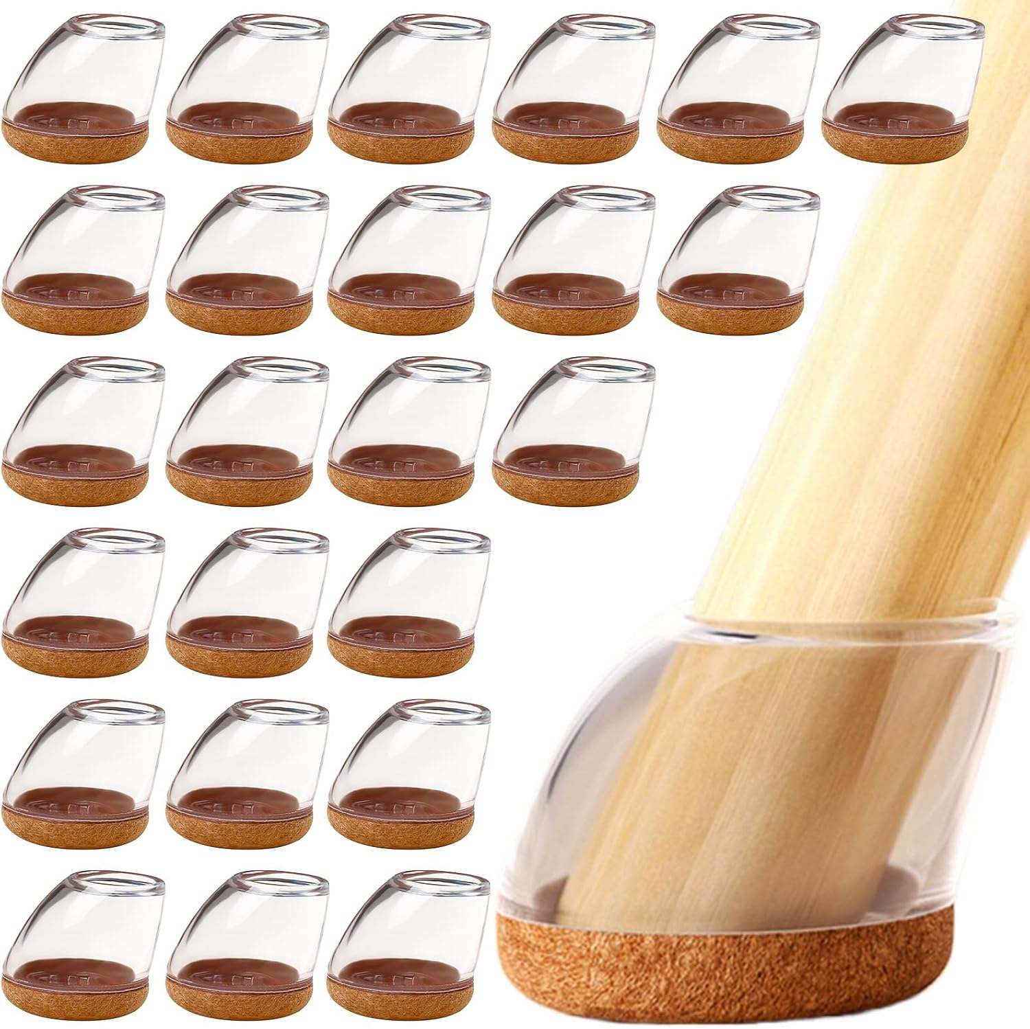 Pack of 24 Chair Leg Caps for Slanted Chair Legs (15°-25°), Round Silicone Chair Leg Protectors, Transparent with Felt Gliders, Silent & Scratch Protection, Wear-Resistant for Wooden and Hard Floors