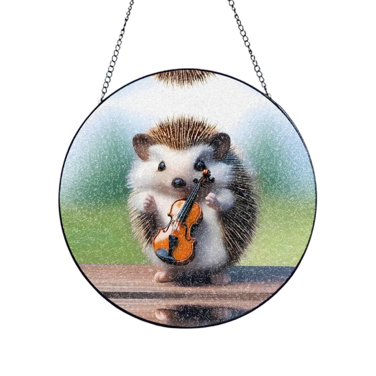 Phayah Hedgehog Violin Print Stained Glass Window Hanging Suncatcher For Door Terrace Garden Home Decor Sun Catcher Birthday Gifts For Lovers Dad Mom 6in（15cm）