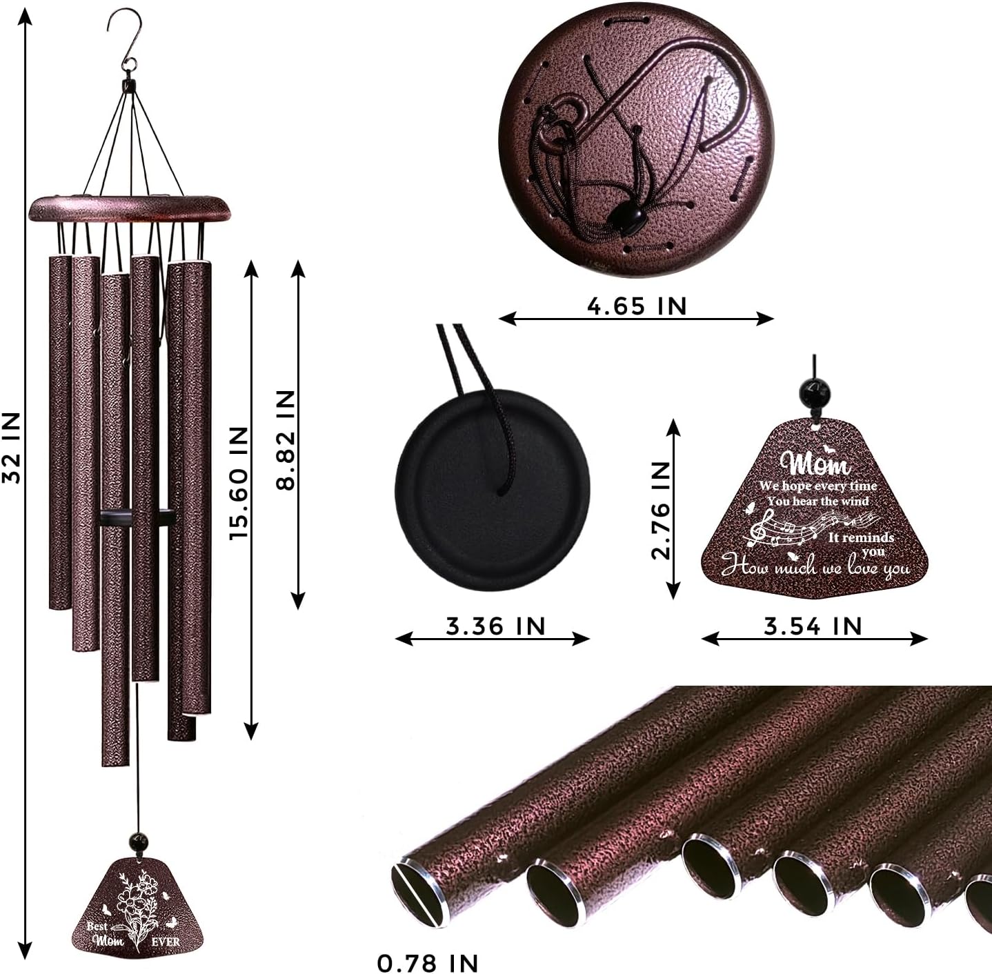 ZANIION Mom Gift Wind Chime 32", Unique Mother Gift for Birthday, Best Mom Ever Presents, Christmas, Mother's Day, B-Day, Decoration Present Ideas Wind Bell - Image 6
