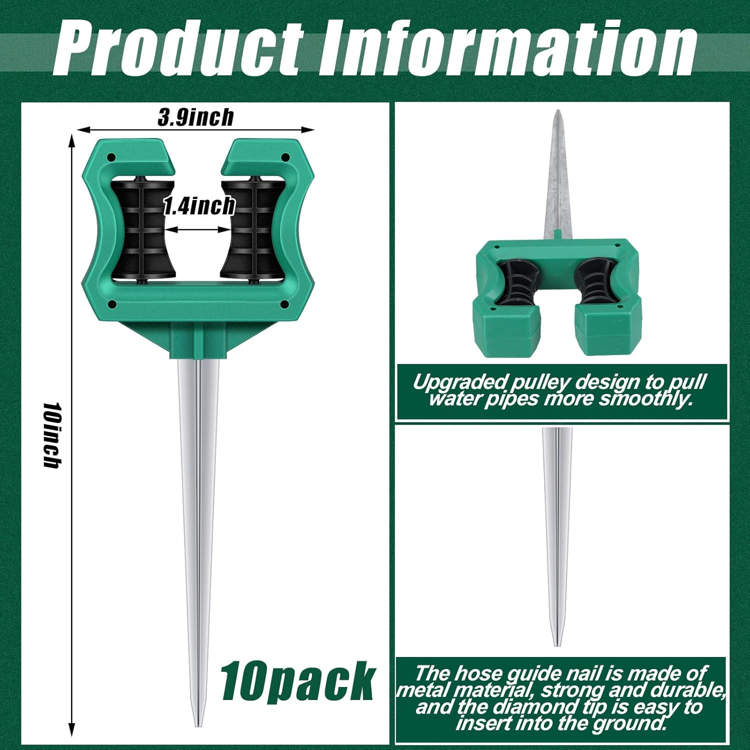 10 Pcs 10 Inch Garden Hose Guide Stakes Metal Spike with Smooth Roller Rust-Proof Hose Guides Green Garden Support Spike for Greenhouse Yard Lawn Plant Protection