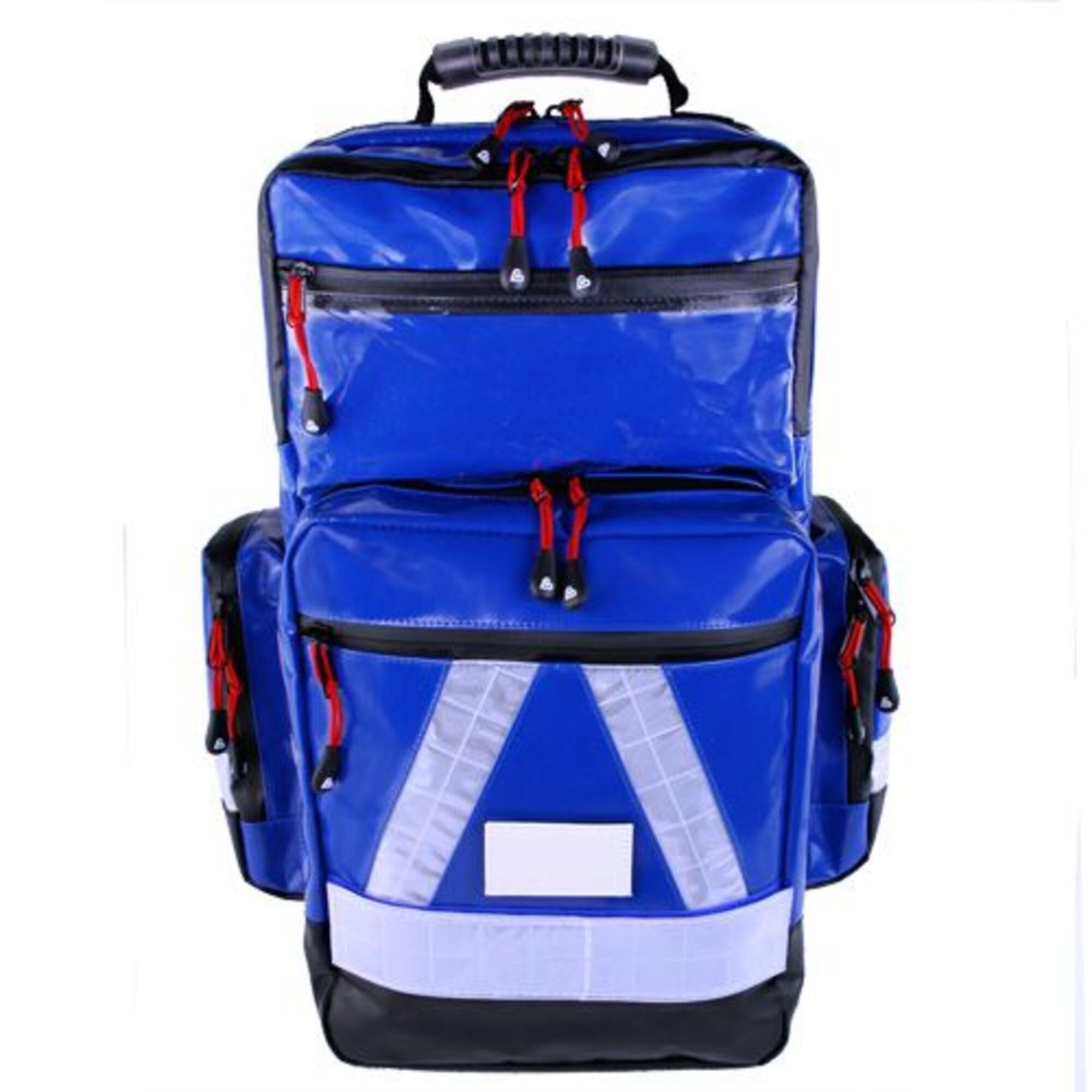Notfallrucksack LEER - blau aus Plane mit weißen Reflexstreifen und Waterstop Reißverschlüssen