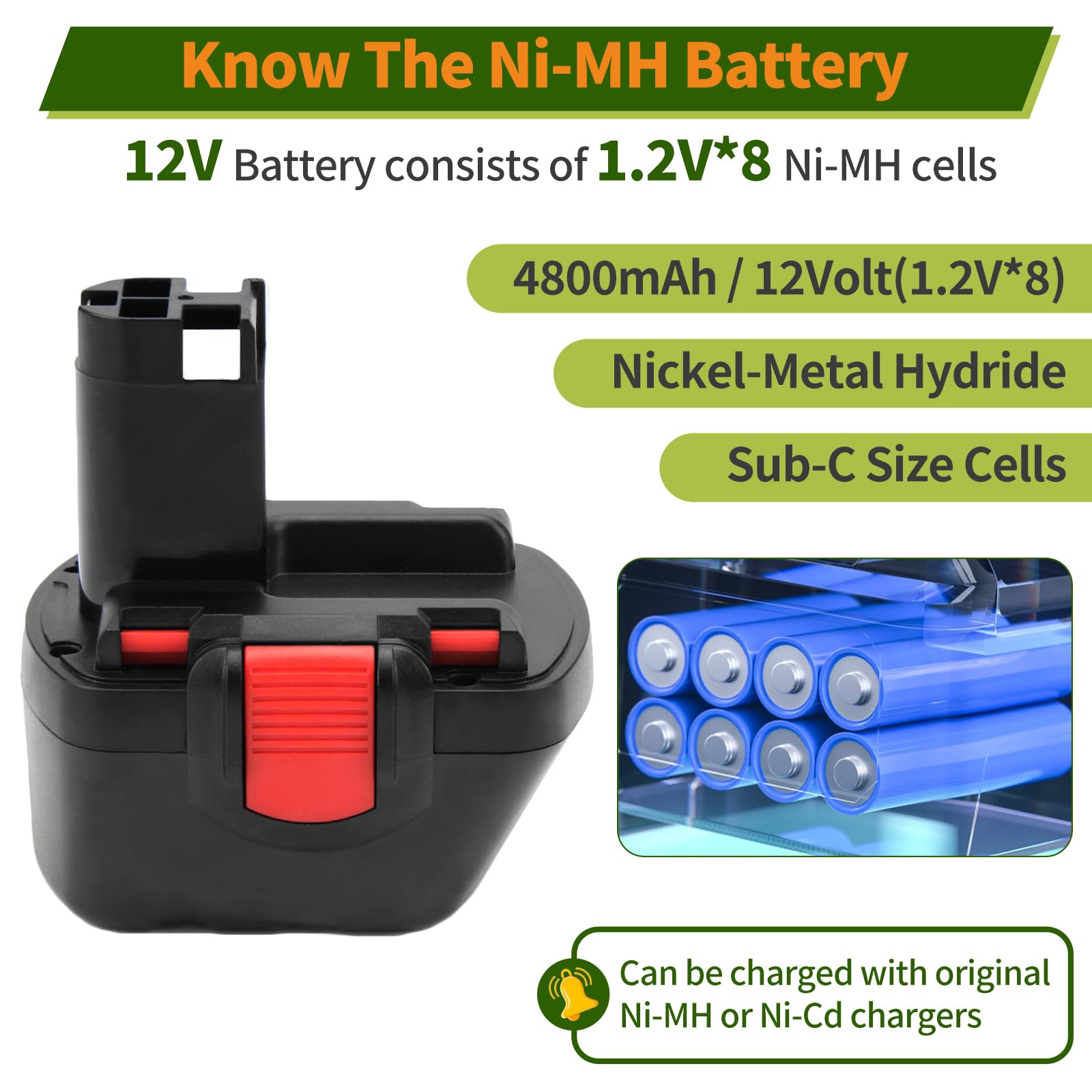 Paquete de 2 baterías de Repuesto de Ni-MH de 12V y 4800mAh para Bosch BAT043, BAT045, BAT120, BAT139, 2607335542, 2607335526, 2607335274, GSR 12-2, 12VE-2, PSR 12, GSB 12VE-2, 22612, 23612, 32612