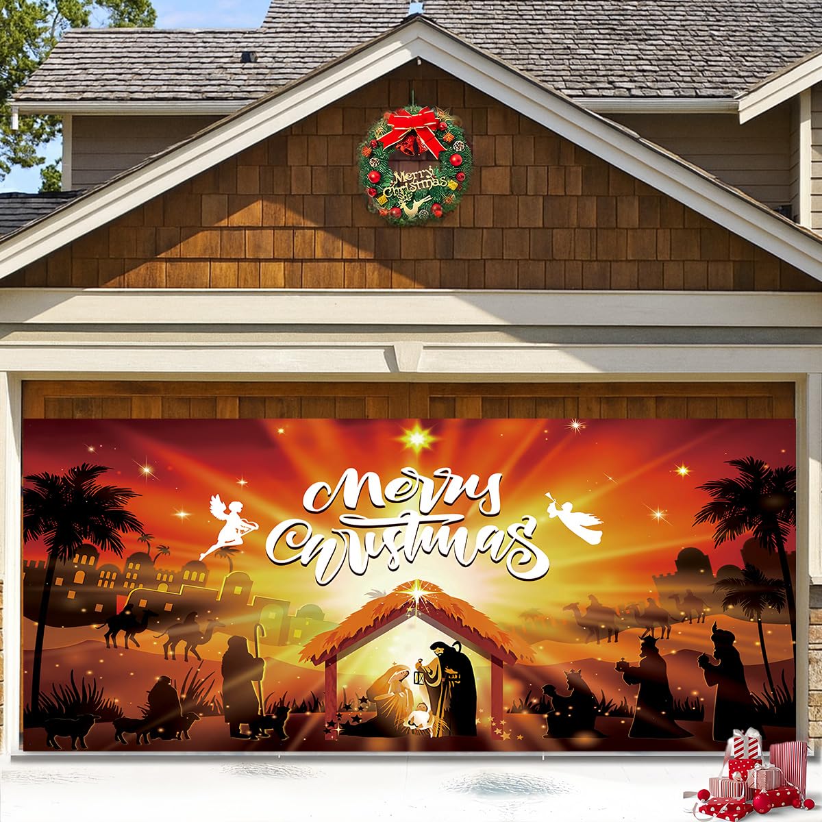 Lsseauto 7x16FT Christmas Garage Door Cover, Nativity Scene Garage Door Banner Decorations, Merry Christmas Backdrop for Xmas Holiday Winter New Year