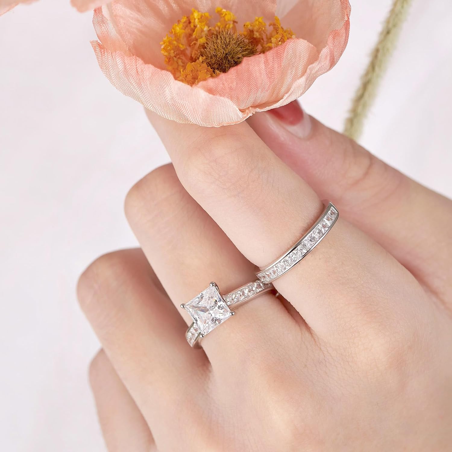 SHELOVES Wedding Ring Set Princess Cut Cubic Zirconia Engagement Bridal Rings for Women White Gold Plated Silver Sz 4.5-13