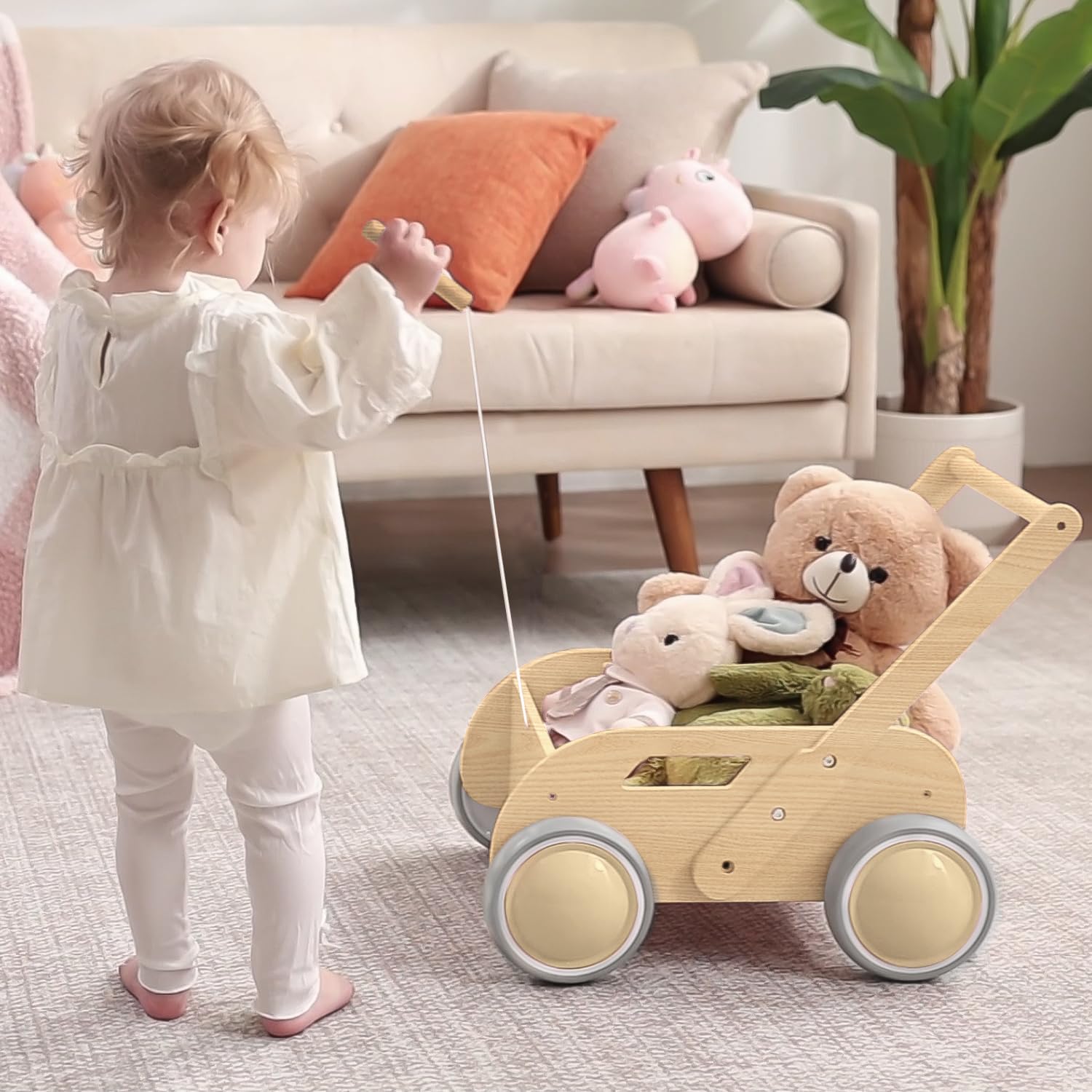 Trotteur Bébé en Bois, Chariot de Marche Bebe pour Garçons et Filles, Pousser et Tirer Baby Walker, Trotteur avec Roues, Cadeau pour Anniversaire Noël, Naturel