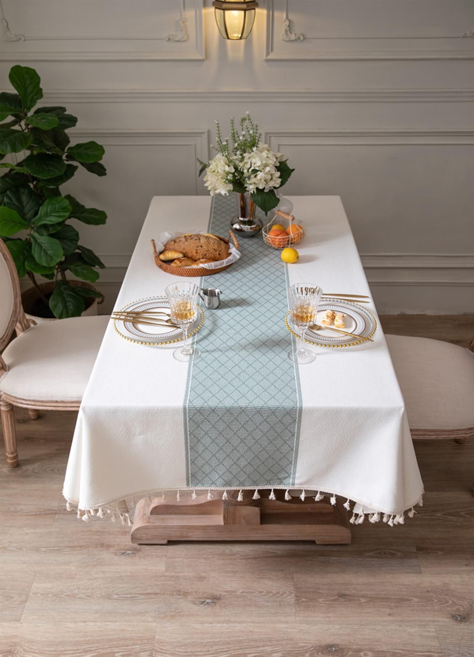 Mantel Moderno Rectangular Blanco, Patrón de Rombos con Borlas, de Poliéster y Algodón Suave, 140 x 220 cm, Mantel para Mesa de Centro