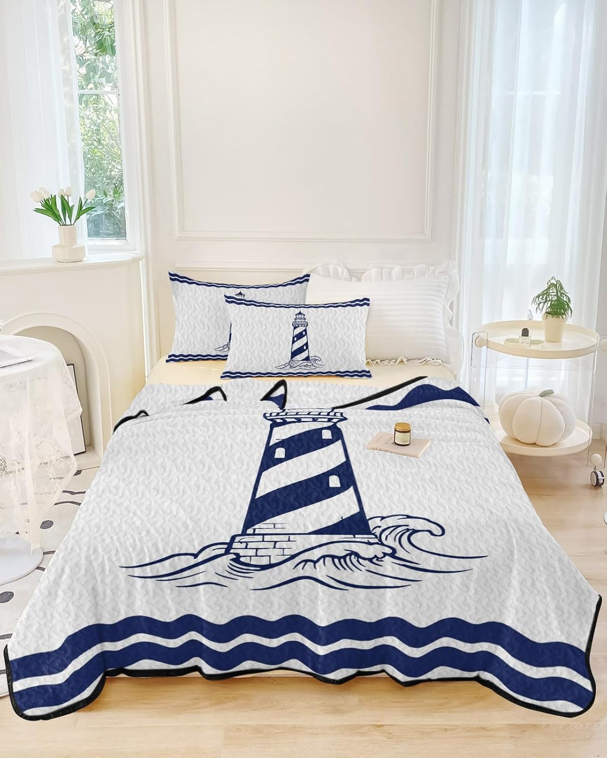 Queen Size Quilt Set, Coastal Nautical Lighthouse Sea Wave Lightweight Bedspread Coverlet Set Soft Microfiber Summer Quilt with 2 Pillow Shams, Navy Blue Water Ripple 3 Piece Comforter Bedding Set