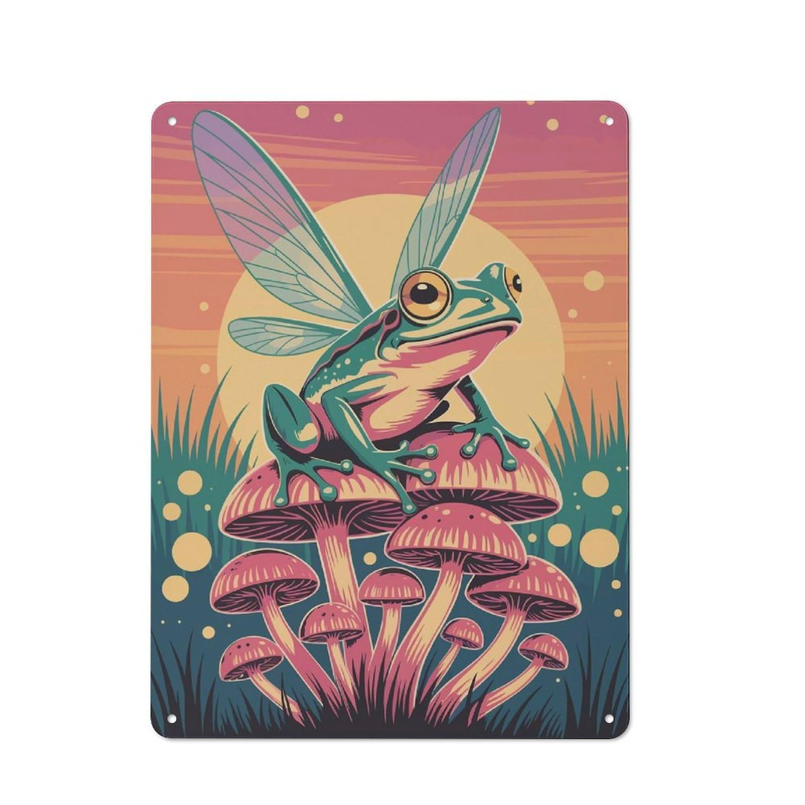 Frog with Wings on Mushrooms Metal Wall Sign 40x30cm, Nostalgic Classic Pub Decor for Pub, Home Bar, Shed Or Man Cave