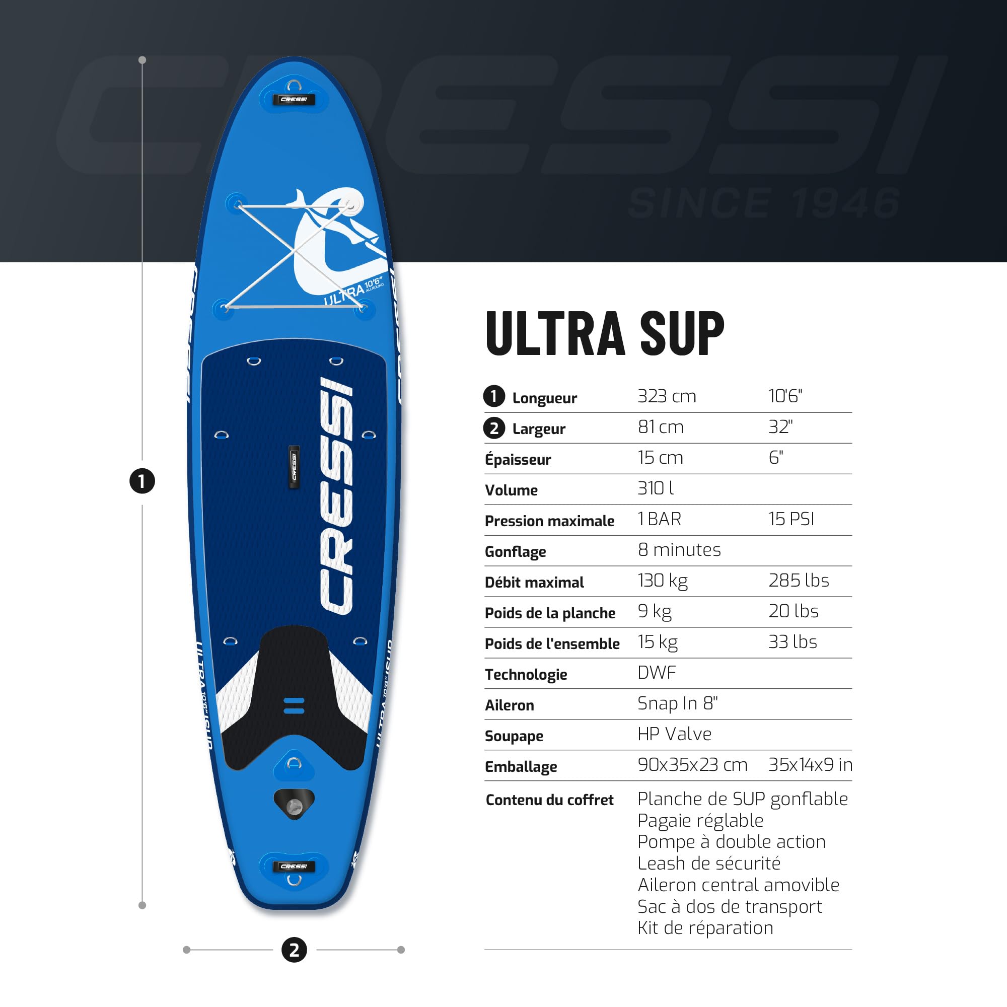 CRESSI Depuis 1946 Ultra Isup Set Paddle Gonflable Adulte 10'6"