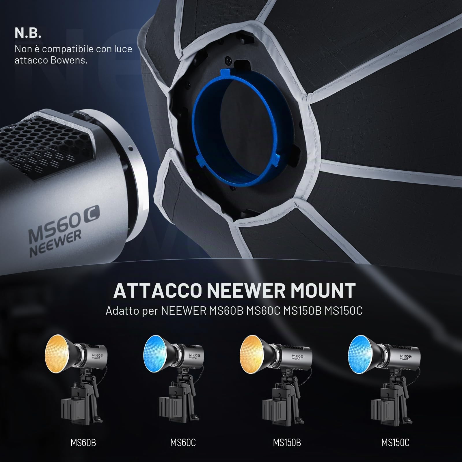 NEEWER Softbox Ottagonale 50cm con Attacco NEEWER (Non Attacco Bowens), Octabox Softbox Pieghevole con Diffusore Luce a Nido d'Ape/Griglia per Luce Video LED Studio MS60 MS60B MS60C MS150B, NS4P